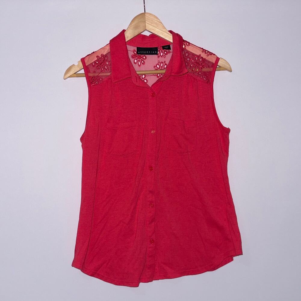 Attention Red mesh Sleeveless Button Up Blouse women’s size medium
